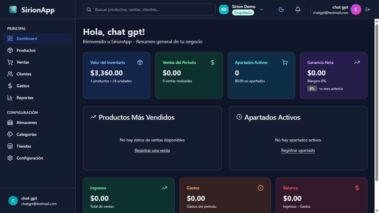 Dashboard de Sirion Business con datos ficticios de demostración